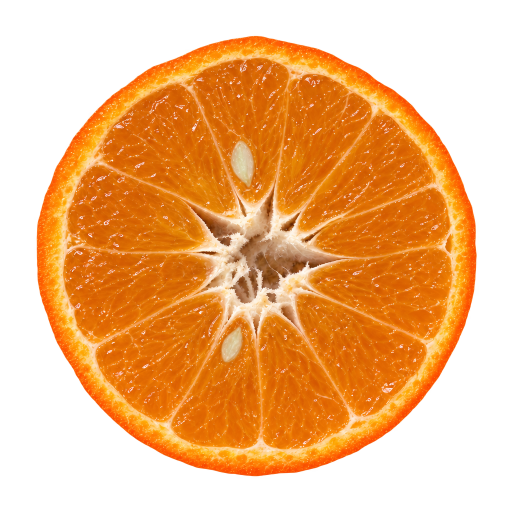 Inferred generated depiction of a Sweet Frost tangerine cross section, with orange flesh, narrow cream pith and two illustrative ivory seeds