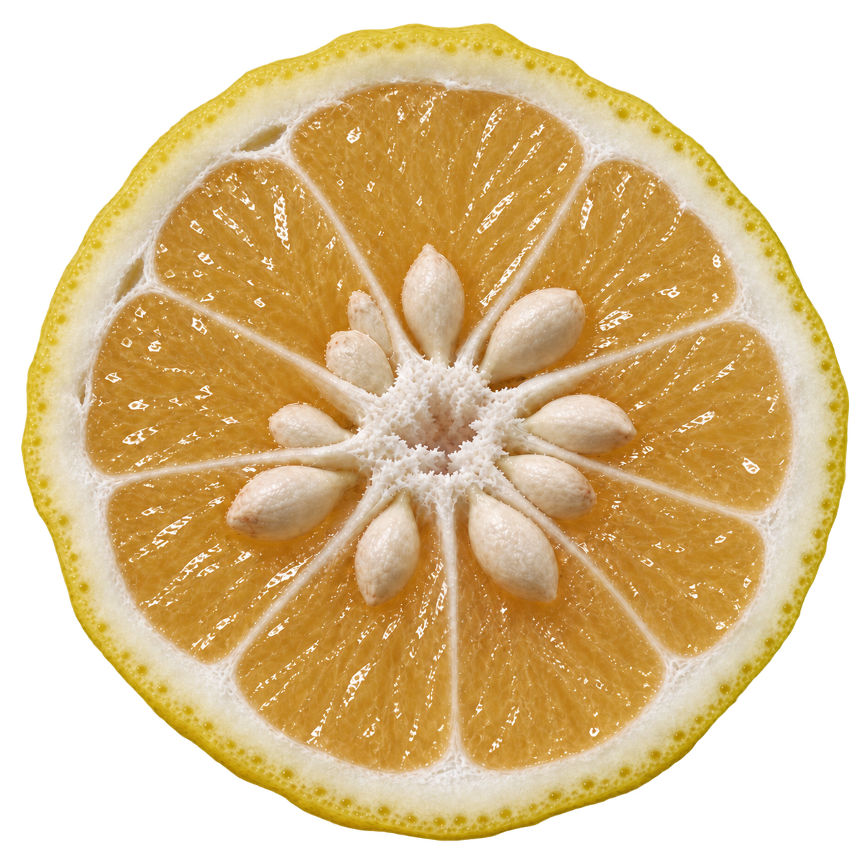 Generated depiction of a Ten Degree Tangerine cross section viewed head-on, showing golden flesh, cream seeds, and a pale pith ring