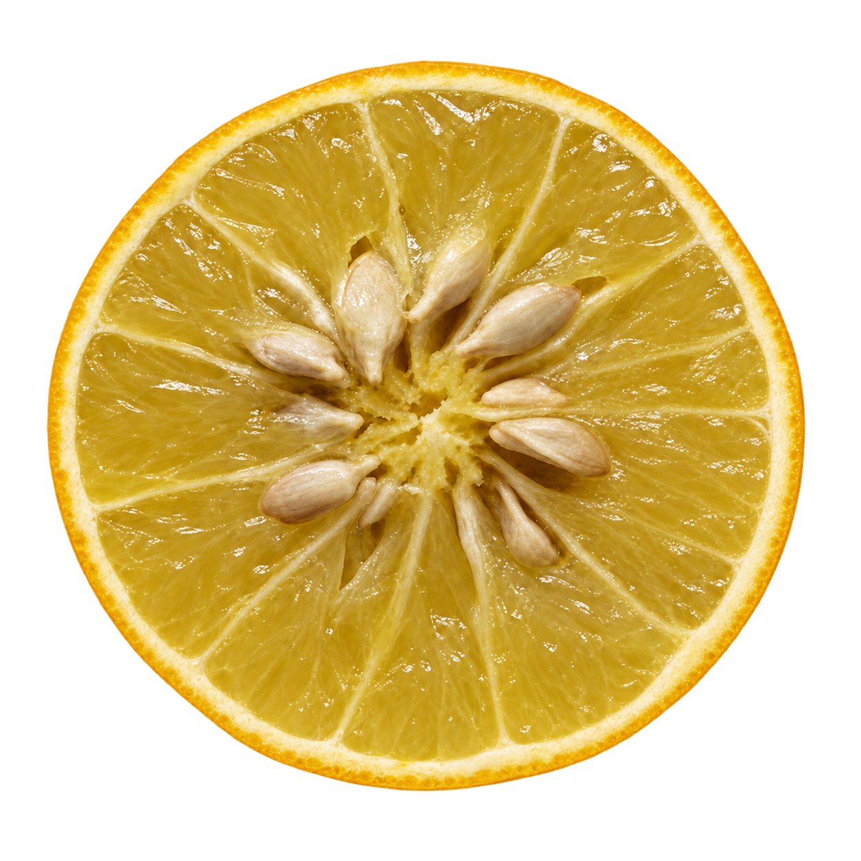 Generated depiction of a cleanly cut US-852 Citrandarin cross section viewed head-on, with yellow-gold flesh, many ivory seeds, and a thin attached rind